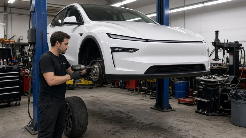 Technician using an impact wrench on the front wheel hub of a white Tesla Model Y raised on a lift